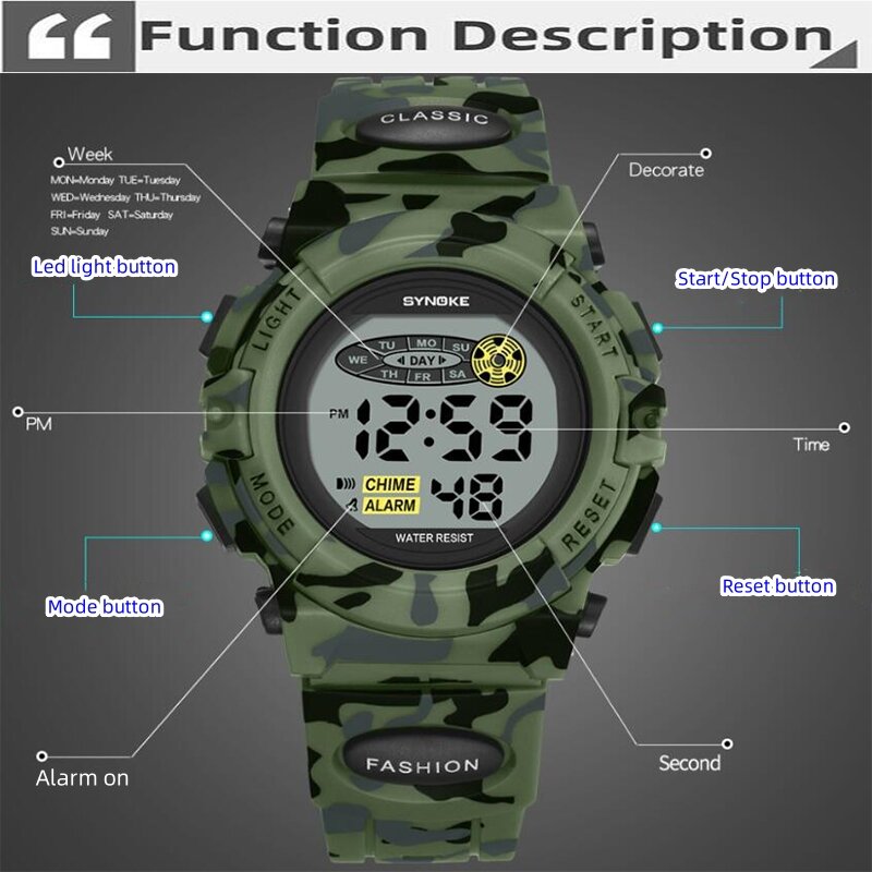 Synoke-reloj deportivo militar para niños, pulsera Digital con correa de camuflaje Led, resistente al agua, con repetidor y despertador