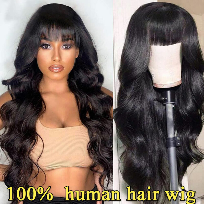 100% pelucas de cabello humano liso con flequillo para mujer, peluca Bob brasileña sin pegamento, hecha a máquina con flequillo de 30 pulgadas