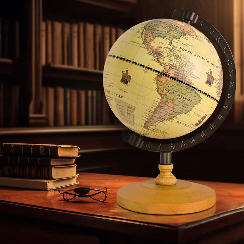 세계 글로브 지구지도 영어 레트로 나무 기반 지구 악기, 지리 교육 글로브 책상 장식 가구, 22x14cm