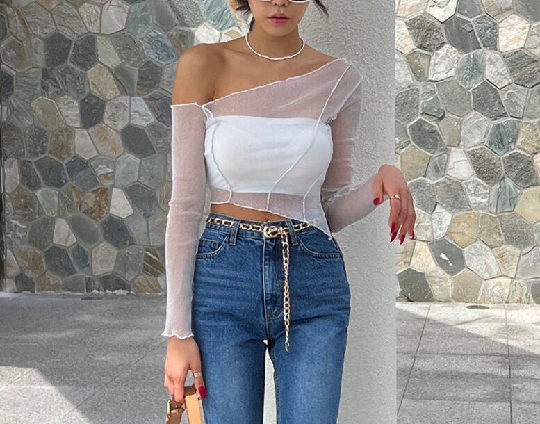 Women's Casual Blouse Top Elegant Style Pullover Skew Collar Long Sleeve Mesh Sheer Crop Top Sexy Party Night Chiffon Shirt Tops