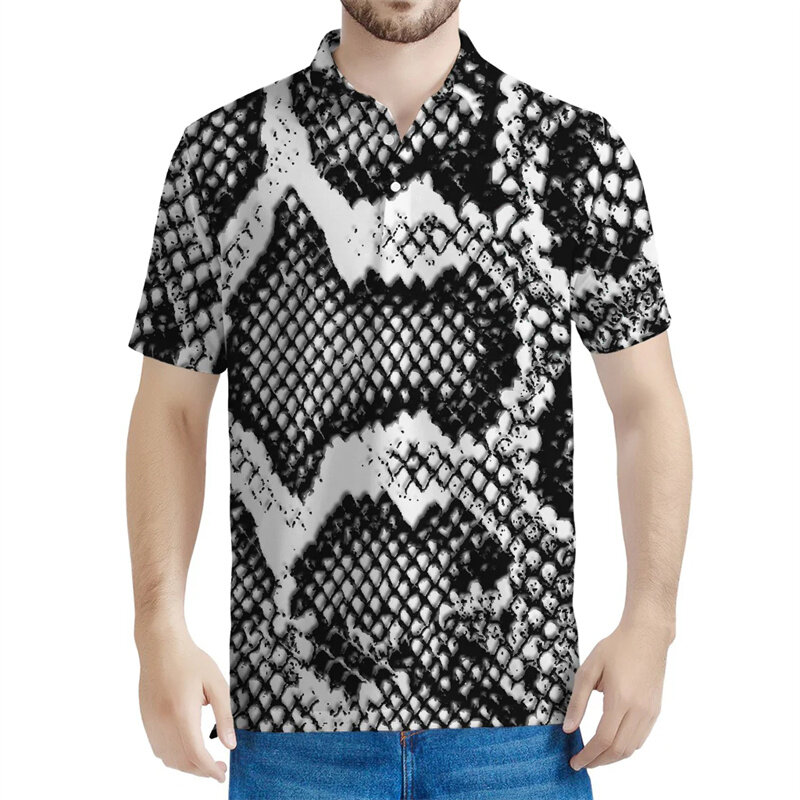 Homens Multi Color Snakeskin Padrão Camisas Polo, Punk 3D Print, Tees de pele animal, botão de rua, lapela mangas curtas
