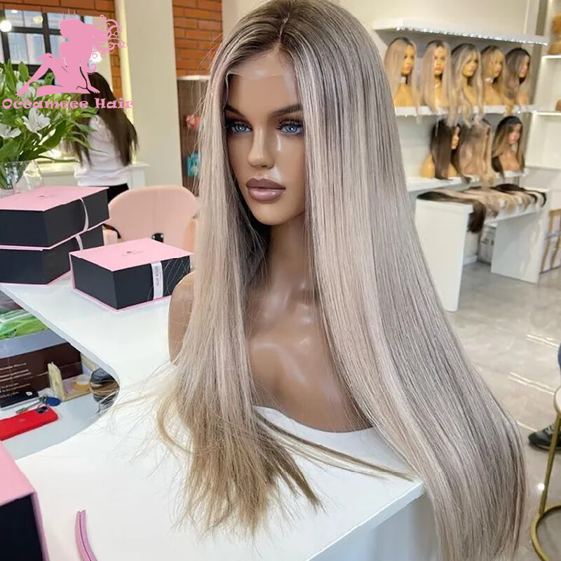 Human Hair Full Lace Highlight Wig 13x6 Lace Frontal Ash Blonde Wig With Dark Brown Root Straight Brazilin Virgin Hd Transparent