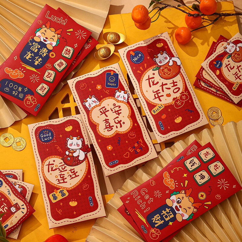 Sobres rojos de Año Nuevo Chino, 6 piezas, sobres rojos de bolsillo, Festival de Primavera, dinero de la suerte, creativo, Hong Bao