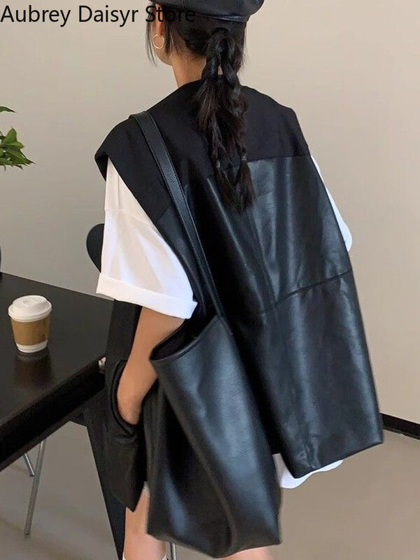 Jaket kulit hitam tanpa lengan wanita, jaket kulit Pu jalanan tambal sulam gaya Korea musim panas untuk wanita