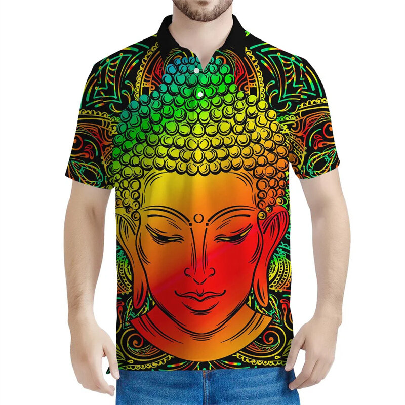 Estátuas budistas masculinas estampadas em 3D polo, padrão budista, mangas curtas, camiseta de lapela de rua, botão de verão, camisetas soltas