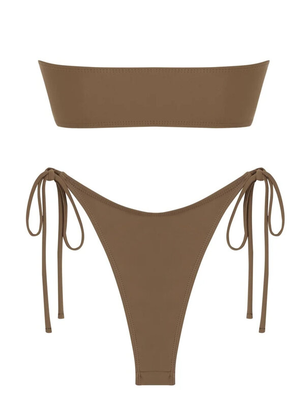 Fato de banho monocromático para mulheres com laço lateral, metal brilhante, biquíni bandeau, sutiã acolchoado, roupa de banho de cintura baixa, novo, sólido, 2024
