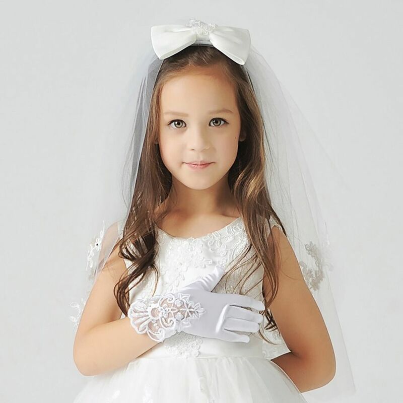 1Pair Girls Gorgeous Satin Fancy  Lace Gloves for Special Occasion Dress Formal Wedding Party