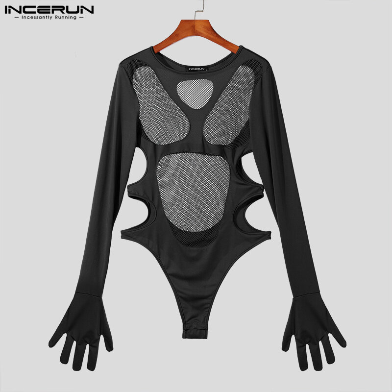 Inerun-男性用の中空メッシュ水遊びジャンプスーツ、セクシーなロンパース、スプライシング、透明、薄い三角形、長袖ボディスーツ、新しい、S-3XL、2022