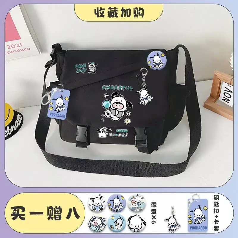 Sanrio กระเป๋านักเรียนสะพายข้างสำหรับสุนัขปาชาแบบถือได้, ใหม่กระเป๋านักเรียนผ้าใบแคนวาสแบบมีที่จับกระเป๋าสะพายไหล่เดียวสำหรับไปเรียน