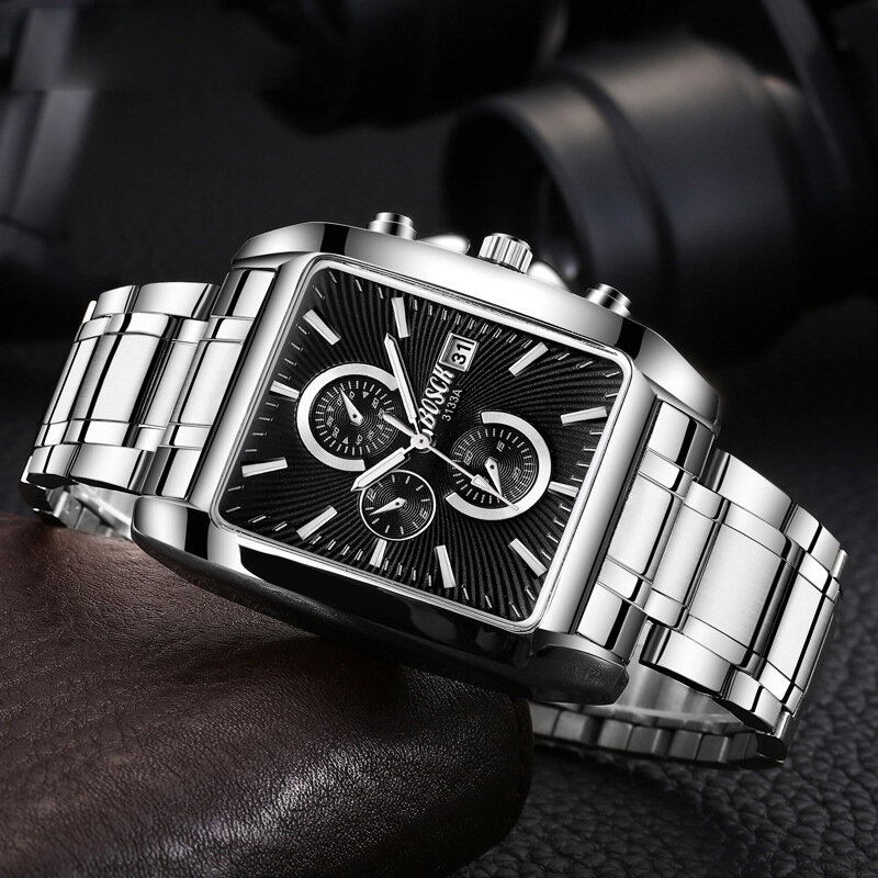 Reloj de pulsera rectangular de acero inoxidable para hombre, cronógrafo informal de negocios, deportivo, resistente al agua, esfera grande