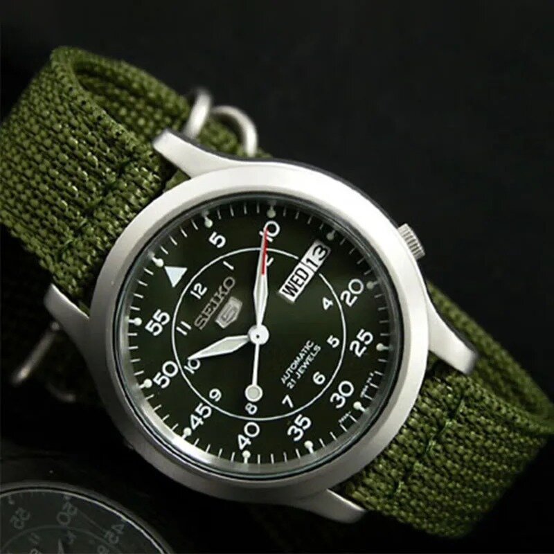 SEIKO-Relógio automático de luxo masculino, mostrador verde, pulseira de tecido, moda esportiva casual, original, SNK805