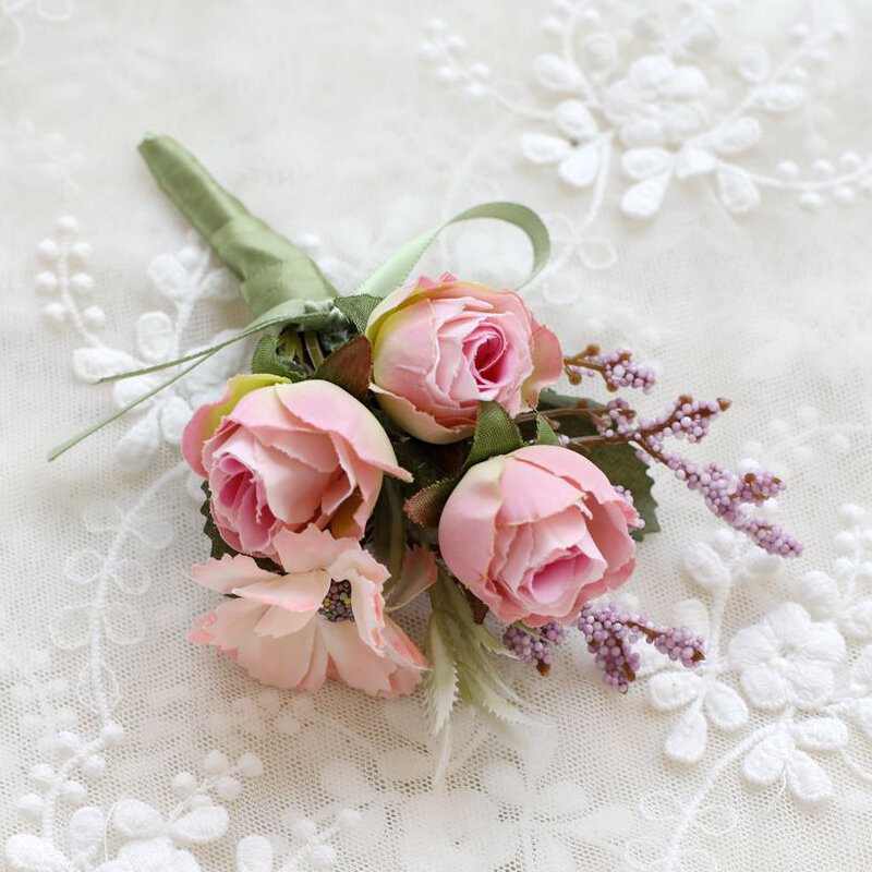 Sposa polso corpetto damigella d'onore rosa artificiale 3 teste fiore di seta mano festa di nozze nastro braccialetto gioielli