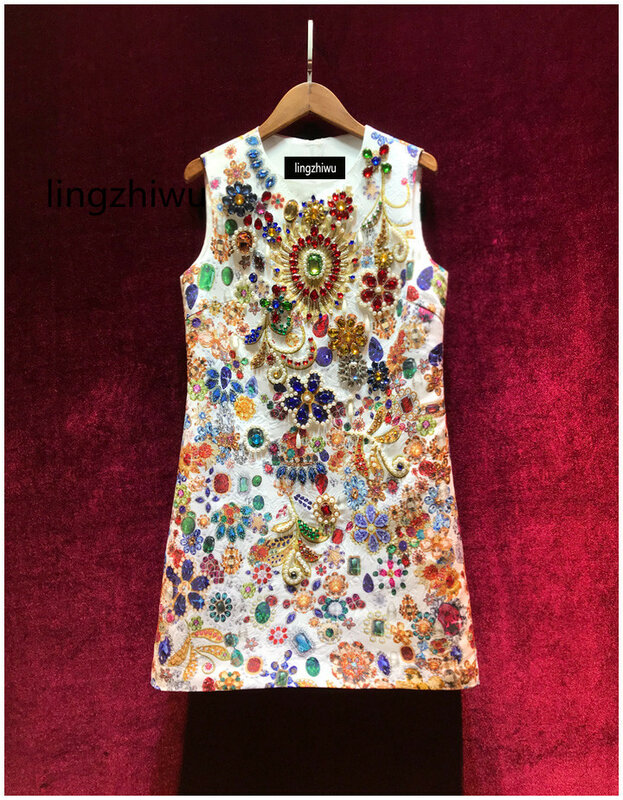 Lingzhiwu Tank Kleid Luxus handgemachte Perlen Diamant Vintage Kleider Royal Top-Qualität A-Linie Damen weiblichen Sommer neu ankommen