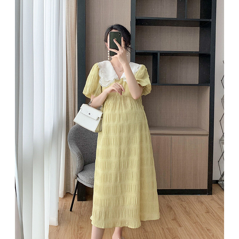 Materntiy Dresses Summer Clothes For Pregnant Women Small Fresh Reduce Age Peter Pan Collar Cute Puff Sleeve Empire Vestidos