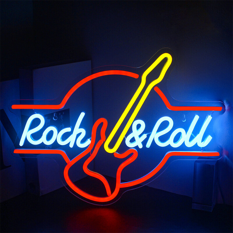 Rock and Roll Neon Sign, Design de guitarra, Luzes LED, Decoração de parede, USB Art Lamp for Party, Música ao vivo, Bar, Clube, Estúdio, Logotipo doméstico