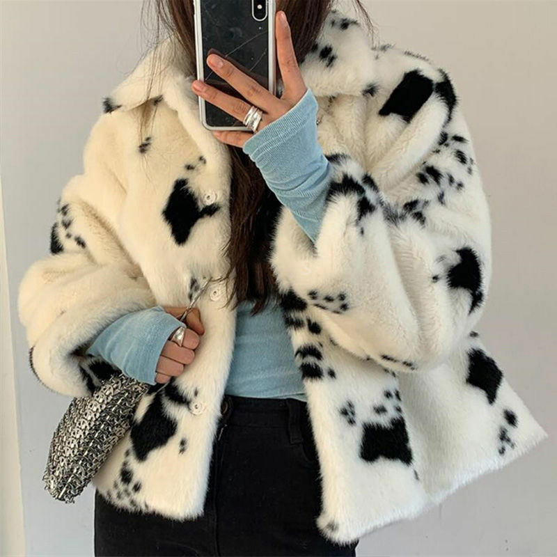 Autumn and Winter New Imitation Mink Fleece Plush Coat Women's Short Fur Coat Black and White Fur Coat