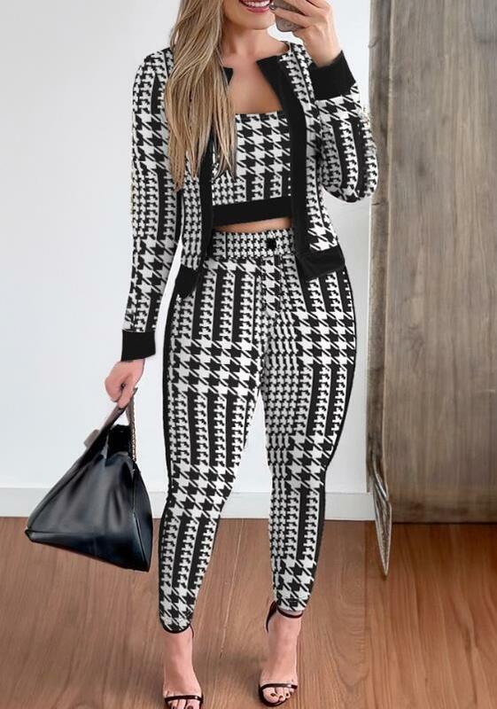 2024 New Autumn Awinter Elegant Casual Three-piece Women's Fashion Houndstooth Printed Tight Plaid Vest+trousers 3 Piece Set