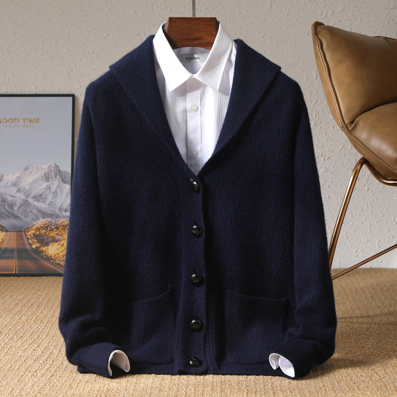 Cárdigan de punto de cachemira pura para hombre, suéter acolchado de color sólido, anticuello, negocios y ocio, otoño e invierno, novedad de 100%