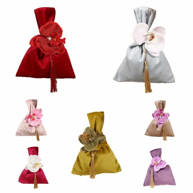Tassel Velvet Knot Handbag Vest Shape Tope Handle Flower Wrist Bag Jewerly Packing Bag Large Capacity Festive Sugar Bag