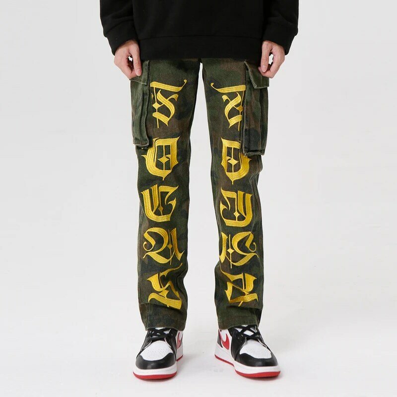 Jeans de carga bordado camuflagem hip-hop masculino, Big Pocket Denim
