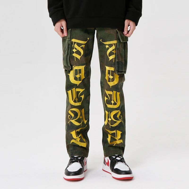 Pantalones vaqueros con bolsillos grandes para hombre, vaqueros con bordado de camuflaje, estilo Hip Hop