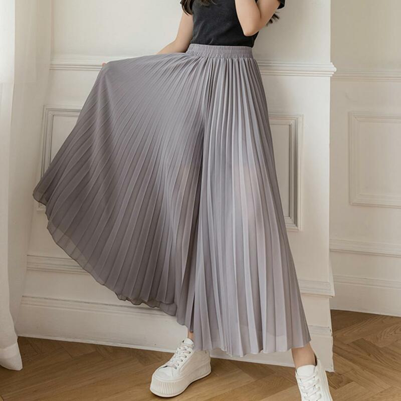 Koreańska moda damska szerokie nogawki plisowane spodnie elastyczne, szyfonowe spodnie z wysokim stanem letnie luźne spodnie na co dzień Streetwear