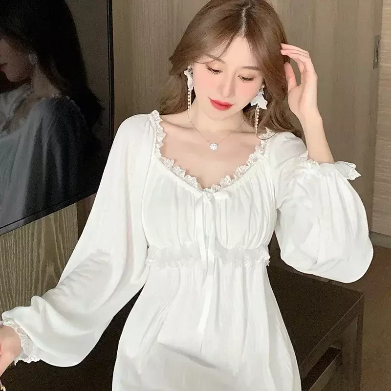 Bawełniane koszule nocne dla kobiet nowy z długim rękawem sukienka wieczorowa duży rozmiar luźny, biały koszula nocna koszula nocna Ladie