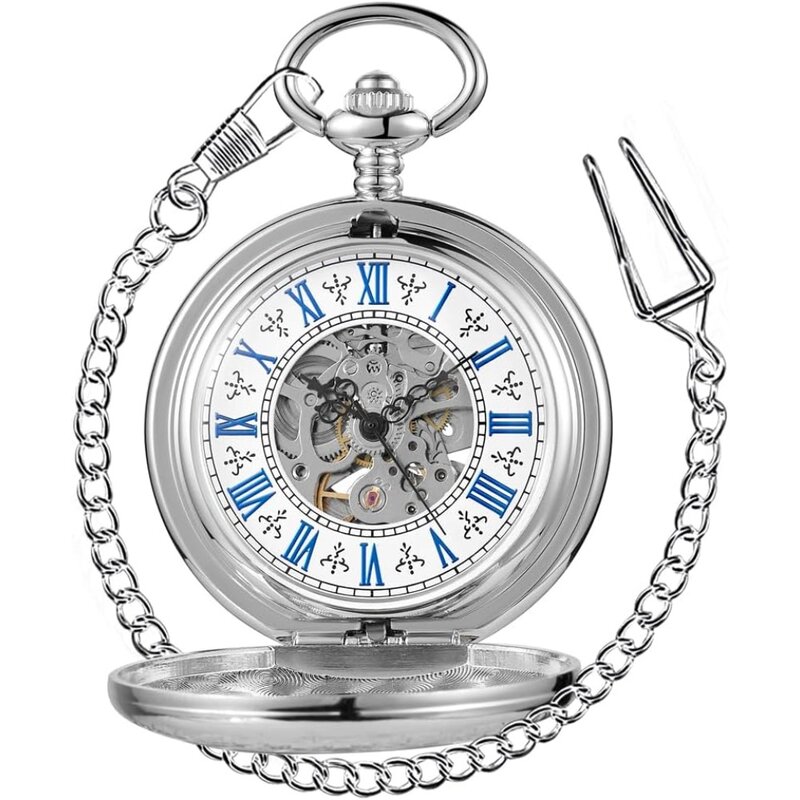 Steampunk Taschenuhr Skelett mechanische Handaufzug Halb jäger Silber schwarz goldenes Gehäuse römische Ziffern reloj hombre