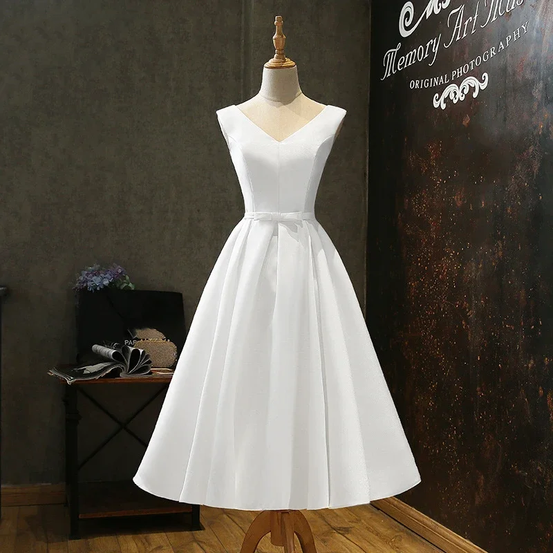 Sexy V Neck White Satin Midi Bride Dress Summer Elegant Prom Evening Wedding Bridesmaid Guest Long Party Dresses for Women 2023