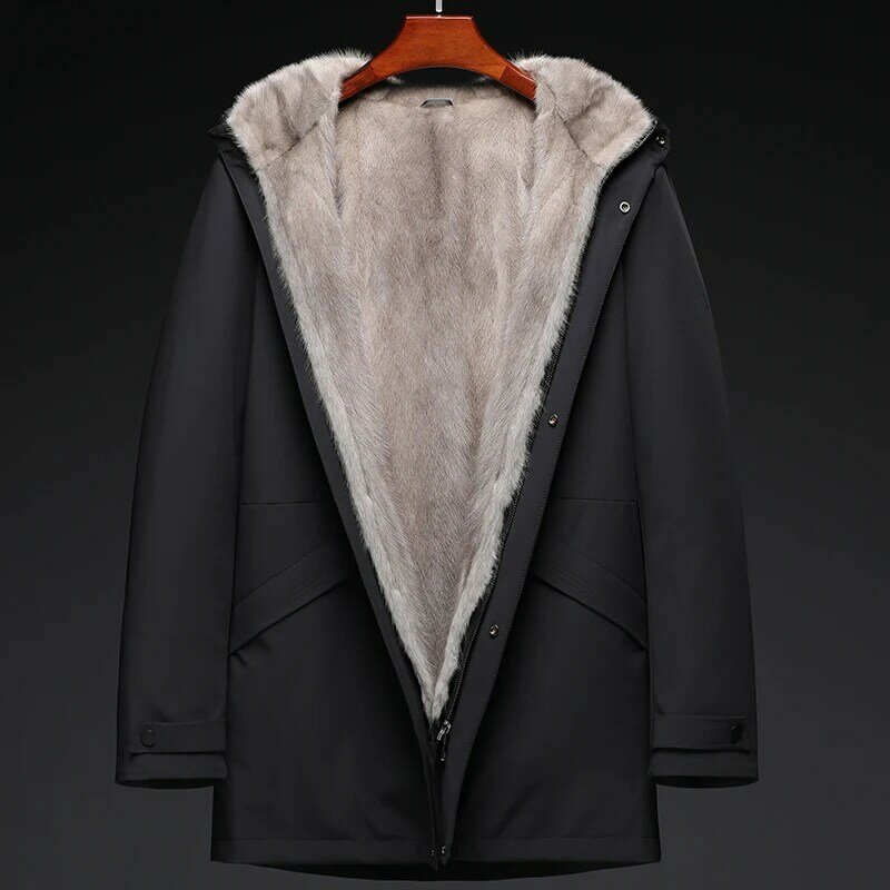 Parka com capuz de luxo masculino médio, casaco de pele de vison real, jaquetas destacáveis, roupas de inverno