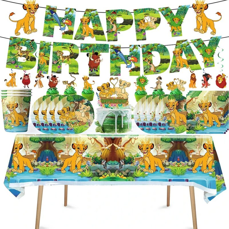 Suministros de fiesta de Simba del Rey León para niños, vasos de papel, platos, servilletas, mantel, pancarta, Decoración de cumpleaños, Baby Shower