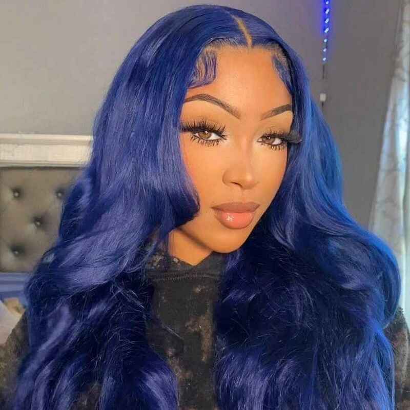 Peluca de cabello humano ondulado para mujer, postizo de encaje frontal, color azul marino, transparente, 4x4, Remy peruano, 5x5, prearrancado, 13x6