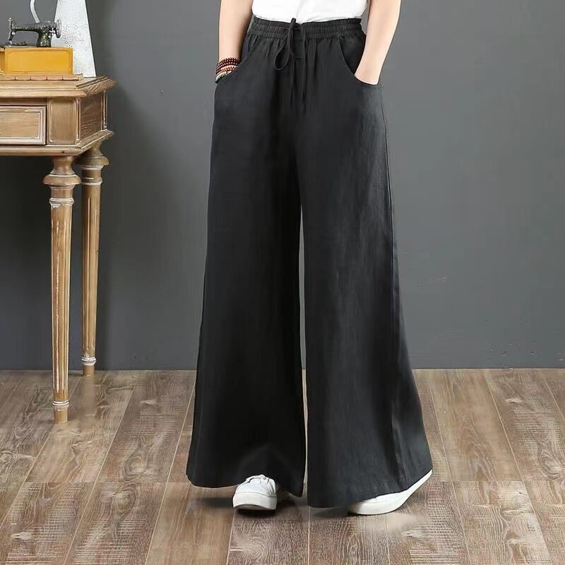 2024 wiosna lato koreańskie damskie bawełniane lniane proste nogawki szerokie nogawki spodnie damskie jednolity kolor luźna, wysoka talia Mop spodnie damskie