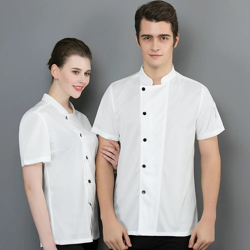 Wszystkie siatkowe mundury ubrania z krótkim rękawem restauracji hotelowej kelner koszule kuchenne fartuch szefa kuchni kombinezony męskie kobiety