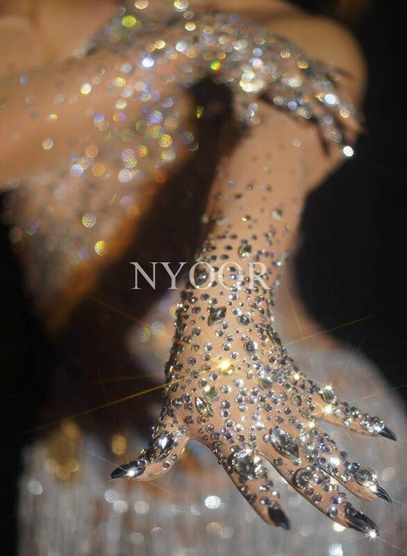 Kostum Tari Berumbai Berlian Buatan Bersinar Sarung Tangan Gaun Kristal Transparan Jaring Wanita Seksi Pakaian Klub Pakaian Panggung Penari Penyanyi