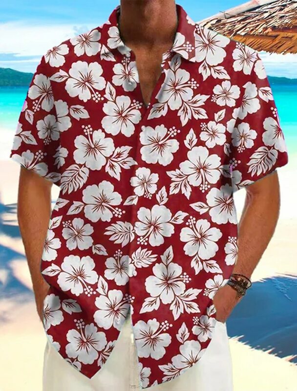 Baju pantai pria, kaus kasual Hawai musim panas lengan pendek kerah tanaman bunga pakaian liburan Hawaii