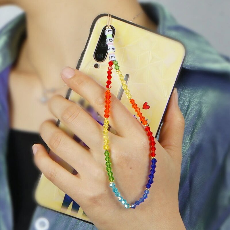 Go2boho Multi Rainbow Crystal Seed Handcrafted Boho Mobile Accessories LOVE Jewelry Fashion Phone Chain for Women Men
