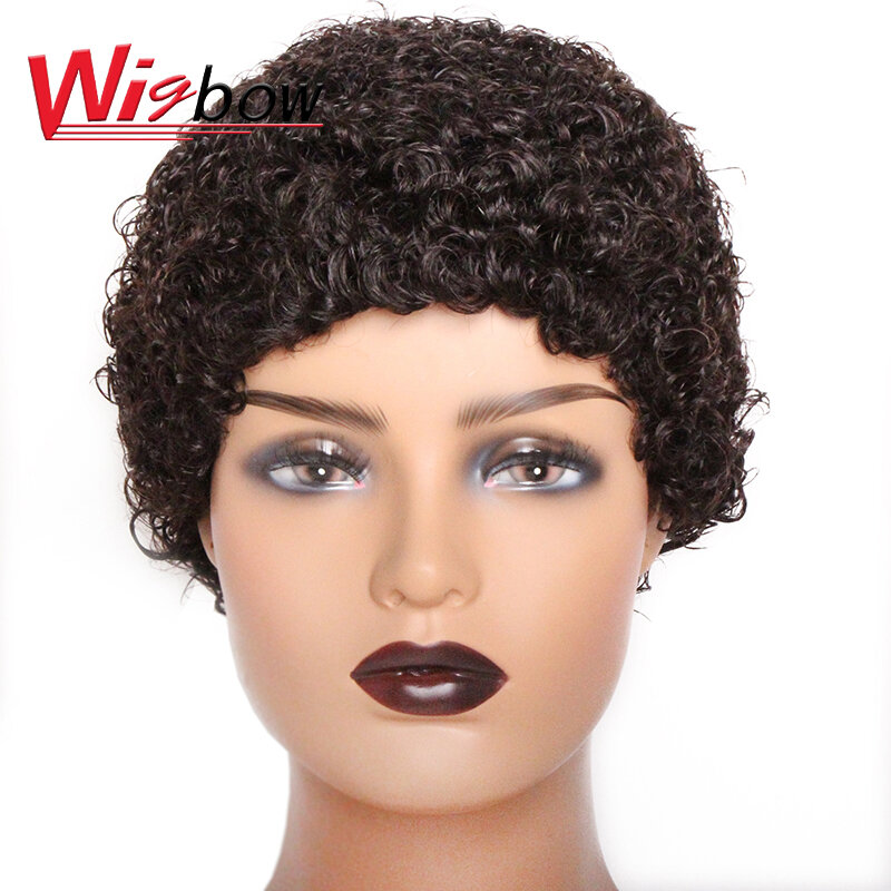 Wig keriting Kinky Afro pendek untuk wanita hitam Wig berbulu Afrika potongan Pixie Brasil dengan poni Wig buatan mesin penuh