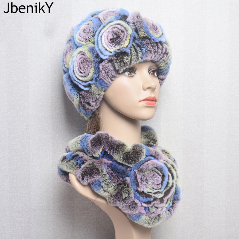 女性の冬の毛皮の帽子,スカーフのセット,自然な暖かい本物のレックスのウサギの毛皮のキャップ,女性のニット100%,本物の毛皮のマフラーヘッドギア