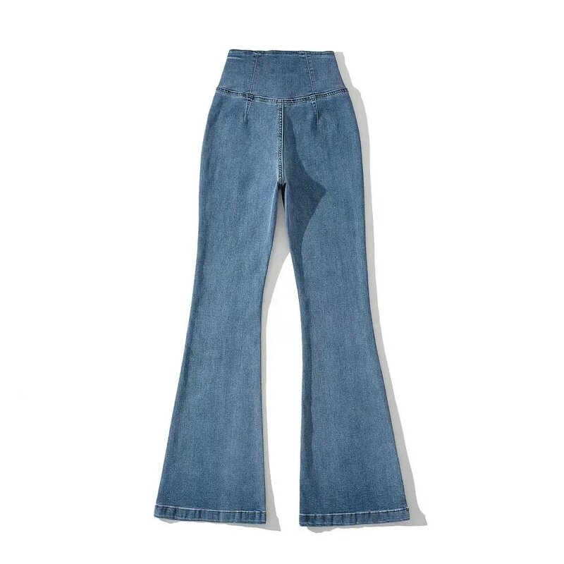 Jean bleu Harajuku Ins Style pour femme, pantalon évasé taille haute élastique rétro, jean serré taille croisée, pantalon slim décontracté droit