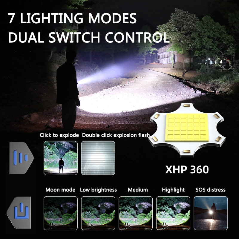 Xhp360 LED-Taschenlampe super heller Scheinwerfer Langstrecken zoombare Not brenner lange Akkulaufzeit mit 8 18650 Batterien