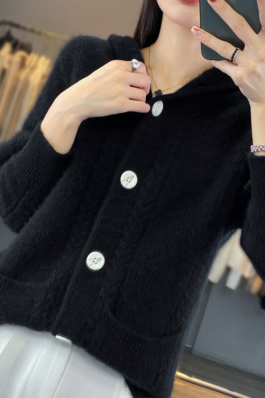 Autunno e inverno nuove signore 100% pura lana Cardigan con cappuccio cappotto spesso tasca intrecciata maglione sciolto lavorato a maglia