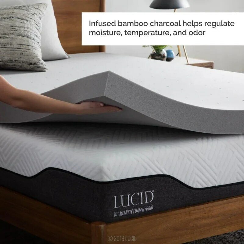 Lucid 4 Inch Mattress Topper King – Memory Foam – Bamboo Charcoal Infusion – Cooling Ventilation – Hypoallergenic – CertiPur Cer