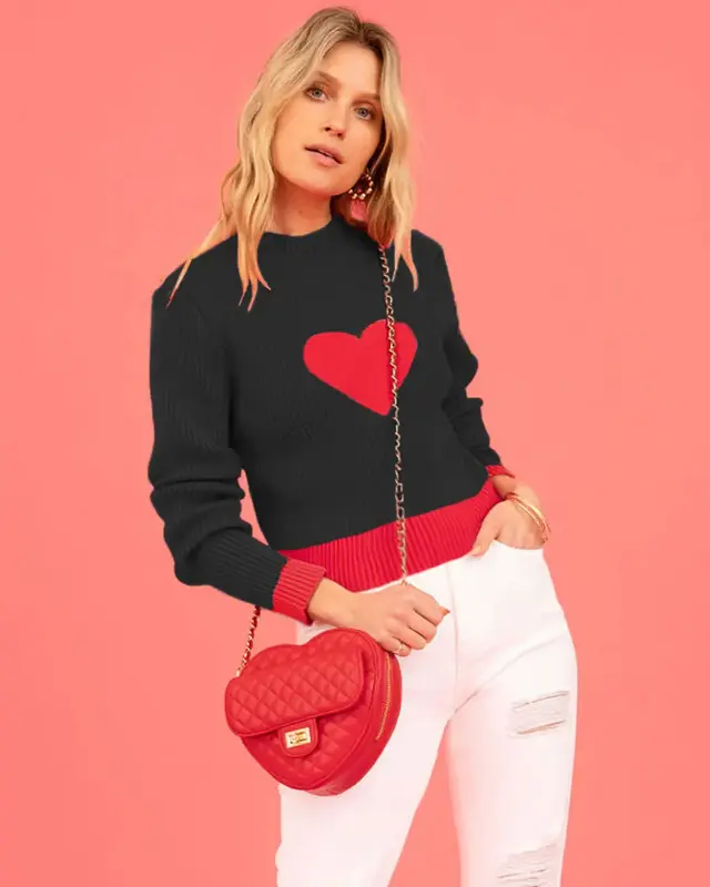 2024 Winter New Product Valentine's Day Love High Neck Knitwear Foreign Trade Pullover Bottom Sweater for Women SFC20-3