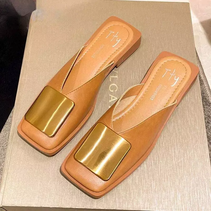 Comemore-Slippers en métal pour femmes, l'offre elles plates et carrées, chaussures peu profondes, sandales d'extérieur décontractées, pantoufles à la mode