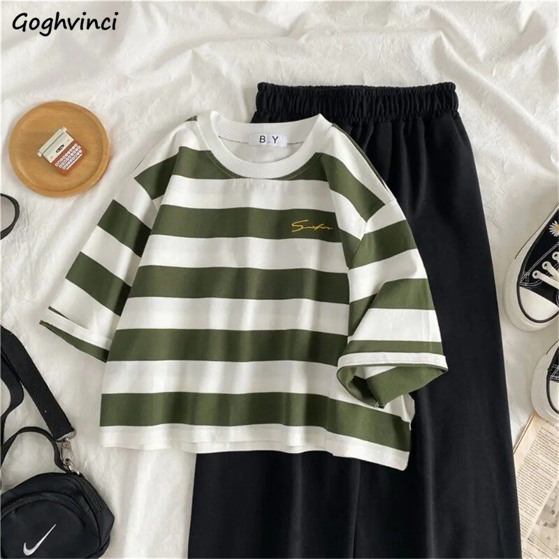 Women Sets Short-sleeve T-shirts Casual Cozy Striped Korean Fashion Solid Pants Simple Summer Students Two-piece Popular Chic