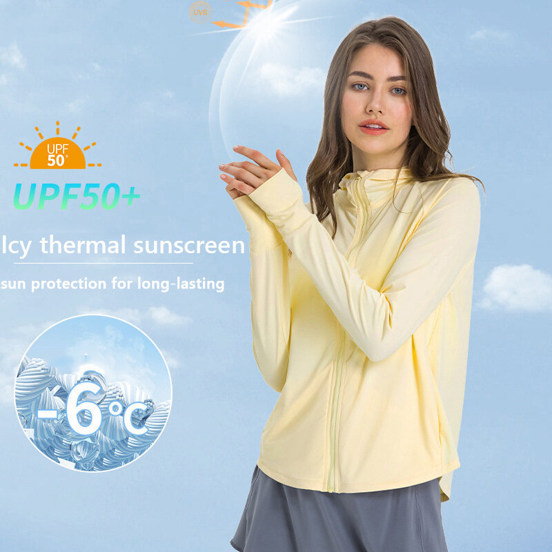 سترة واقية من الشمس للنساء UPF50 + منع الأشعة فوق البنفسجية حماية الشمس الملابس الجليد الحرير الجلد معطف تنفس ظلة الرياضة اليوغا سيدة