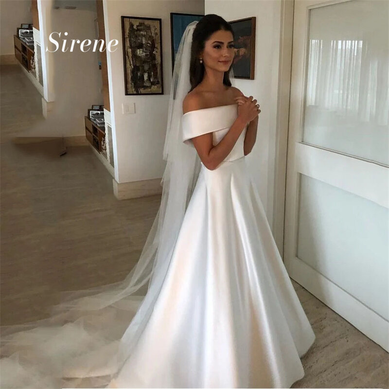 Sirene-Off ombro cetim vestidos de casamento, elegante A-Line, até o chão, sem mangas, vestidos de noiva sem encosto, simples