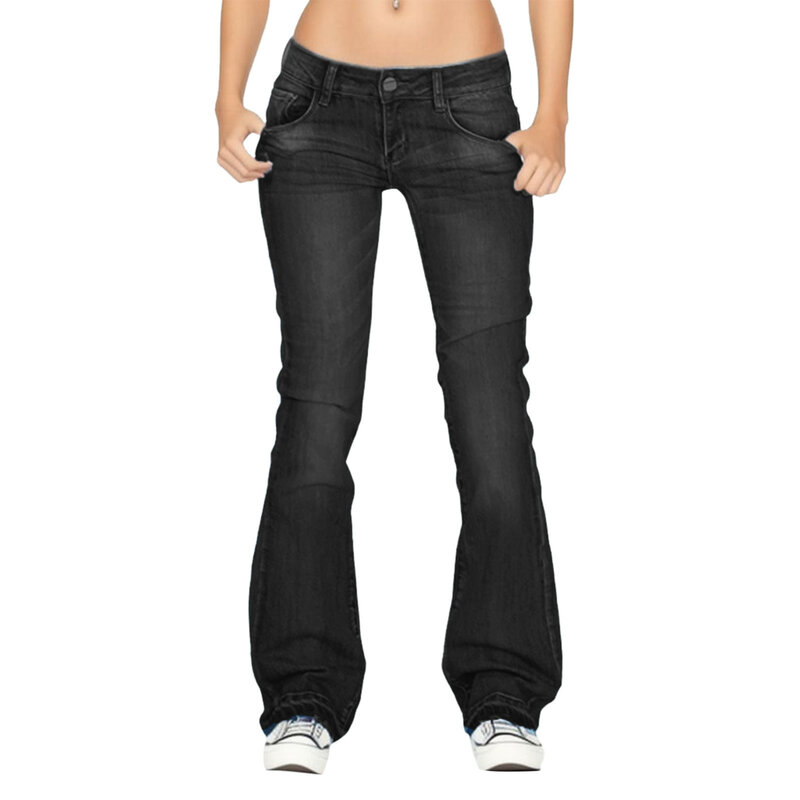 Calças de cintura elástica para mulheres, jeans femininos, comprimento médio, sino, comprimento fino, flare, jeans