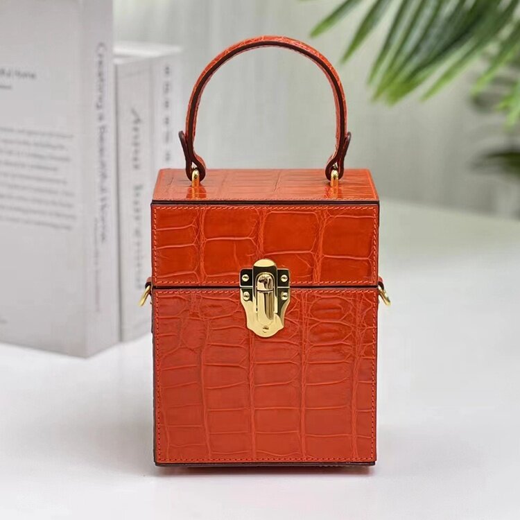 Bolso de mano de piel de cocodrilo para mujer, diseño elegante, exótico, de lujo, con forma de caja